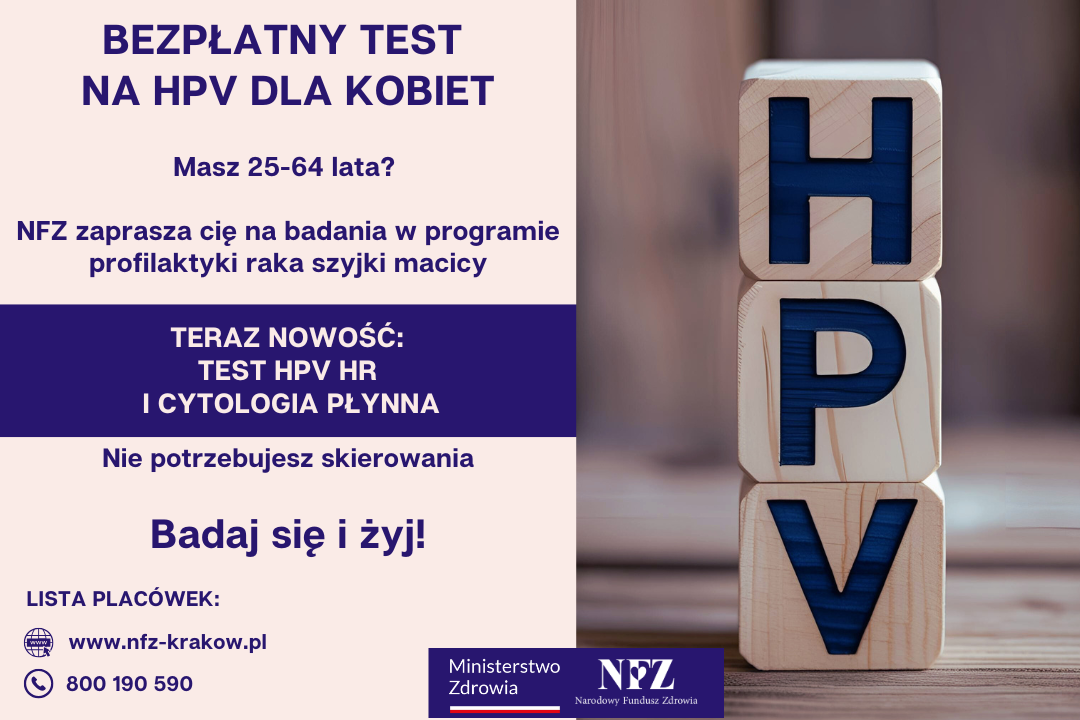 Na grafice widoczne są kostki ułożone w napis HPV, a także logo Ministerstwa Zdrowia i NFZ.