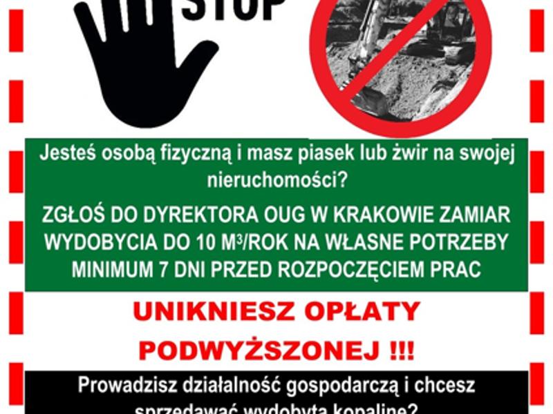 Plakat z przekreśloną koparką i napisem STOP, w stopce logo Okręgowego Urzędu Górniczego w Krakowie.