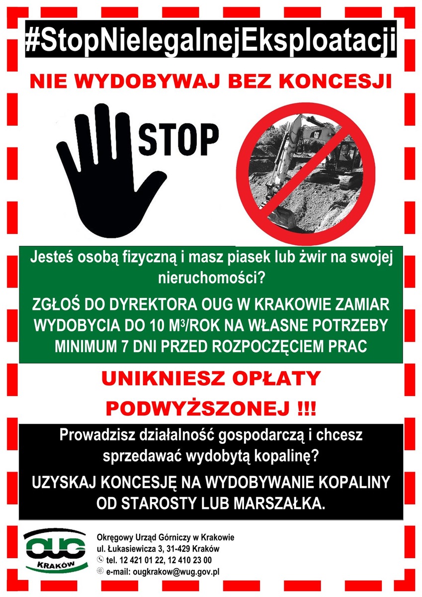 Plakat z przekreśloną koparką i napisem STOP, w stopce logo Okręgowego Urzędu Górniczego w Krakowie.
