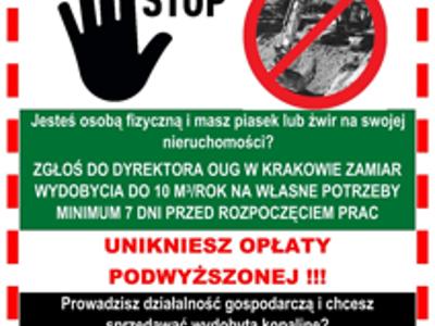 Plakat z przekreśloną koparką i napisem STOP, w stopce logo Okręgowego Urzędu Górniczego w Krakowie.