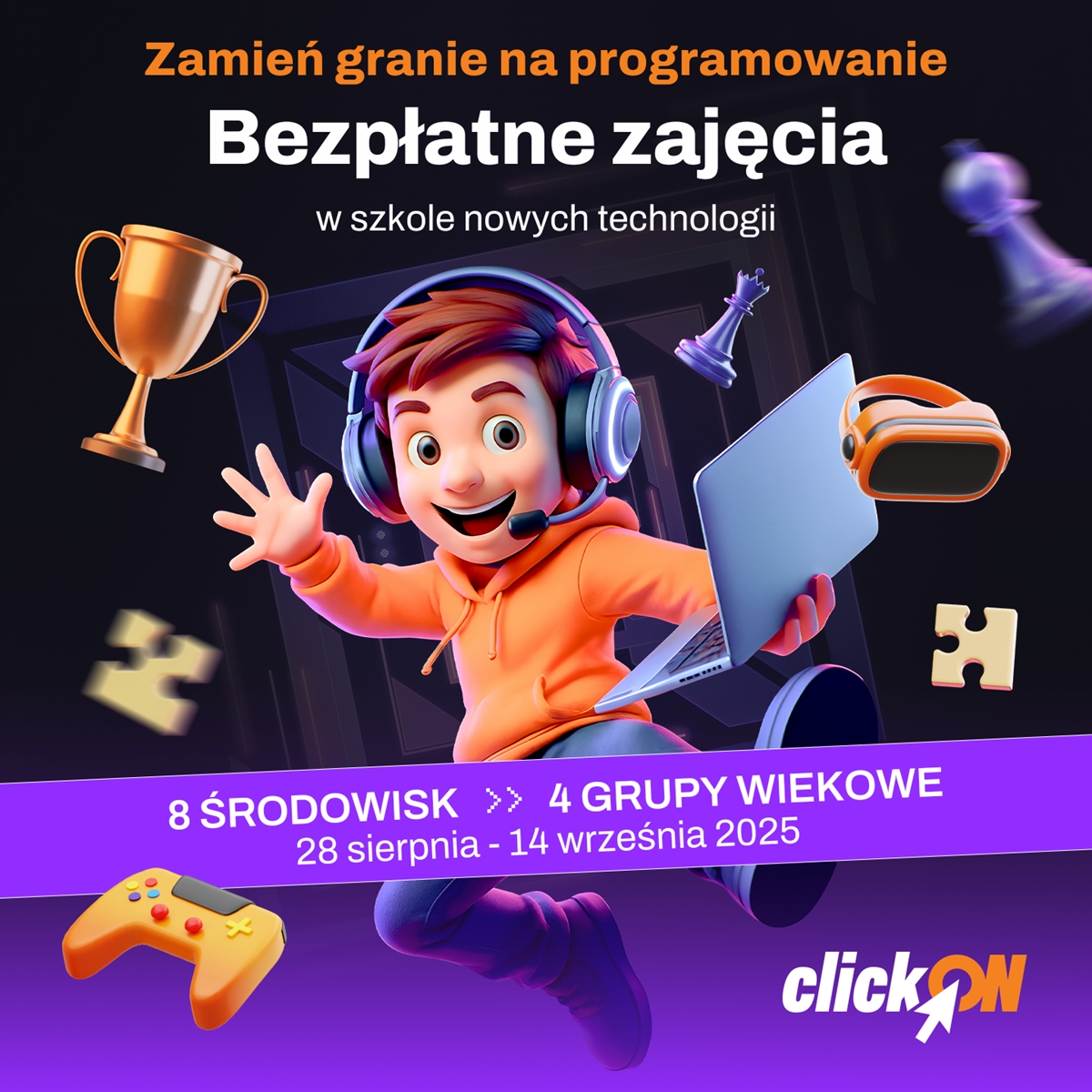 Na zdjęciu widoczny jest chłopiec, którego otaczają sprzęty komputerowe, jest radosny i zdobył puchar w konkursie