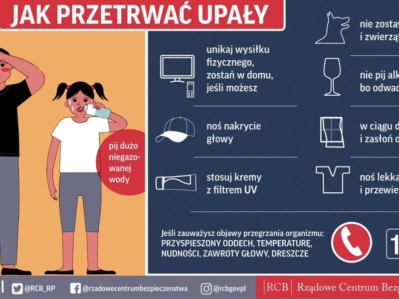 Poradnik RCB: jak przetrwać upały – pij wodę, unikaj słońca, noś lekką odzież, chroń dzieci i zwierzęta, zamknij okna, dzwoń 112 w razie objawów