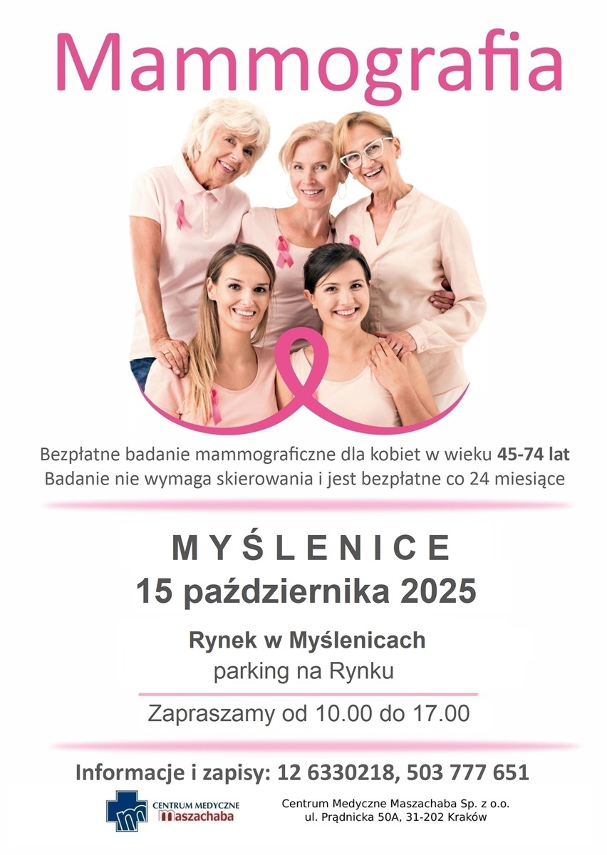 Różowy plakat, na którym widocznych jest 5 kobiet z różowymi wstążkami.