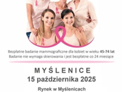 Różowy plakat, na którym widocznych jest 5 kobiet z różowymi wstążkami.