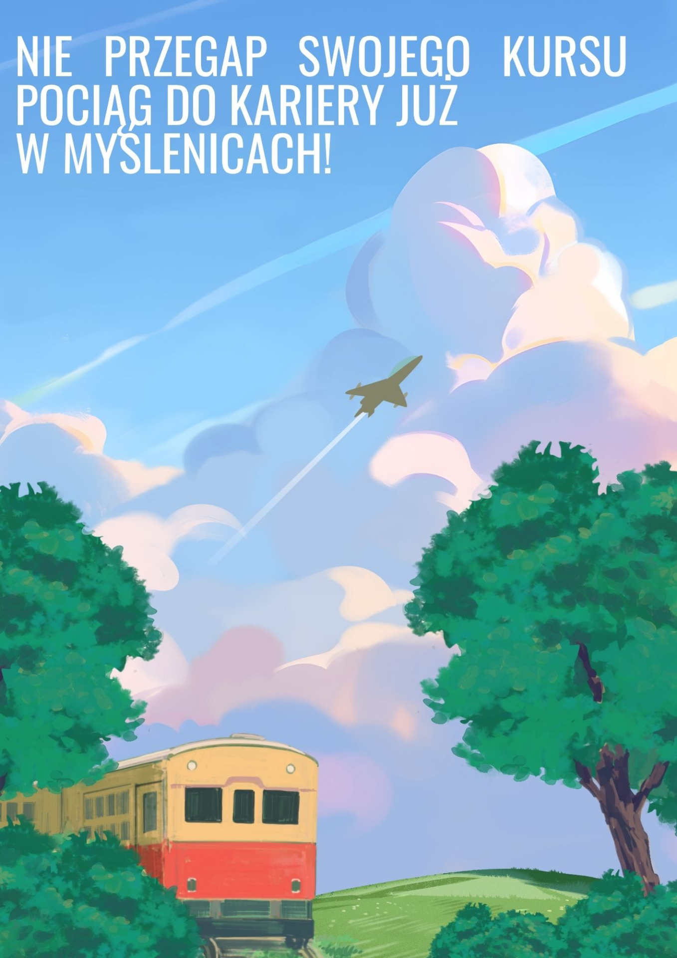 Grafika rysunkowa przedstawiająca drzewa, pociąg, samolot oraz biały napis na niebie.
