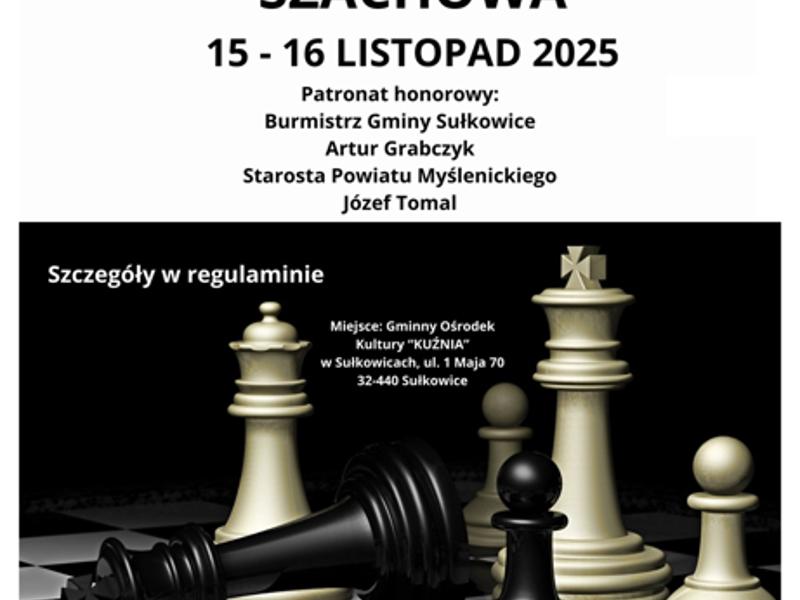 Grafika przedstawia zdjęcie szachów oraz logo organizatorów i patronów