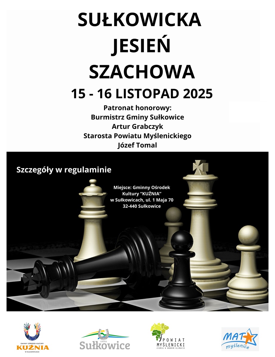 Grafika przedstawia zdjęcie szachów oraz logo organizatorów i patronów