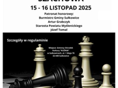 Grafika przedstawia zdjęcie szachów oraz logo organizatorów i patronów