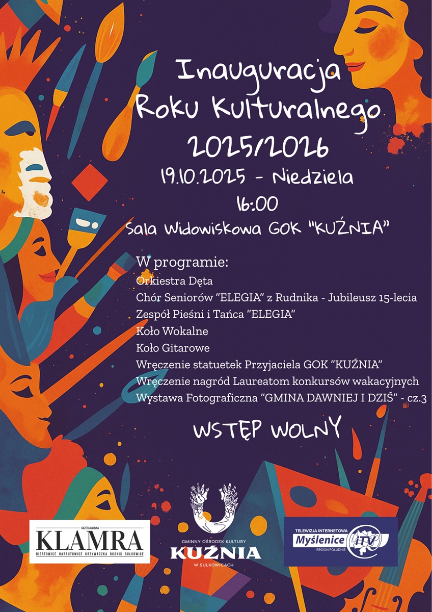 Kolorowy plakat z rysunkowymi postaciami oraz logo organizatorów i partnerów wydarzenia.