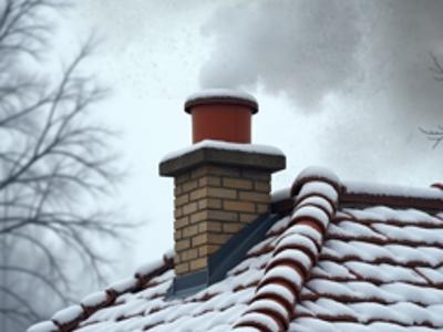 Na zdjęciu widoczny jest dach z kominem wypuszczającym ciemny dym