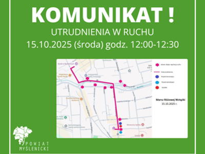 Grafika z zielonym tłem, białymi napisami, logo Powiatu Myślenickiego oraz mapą.