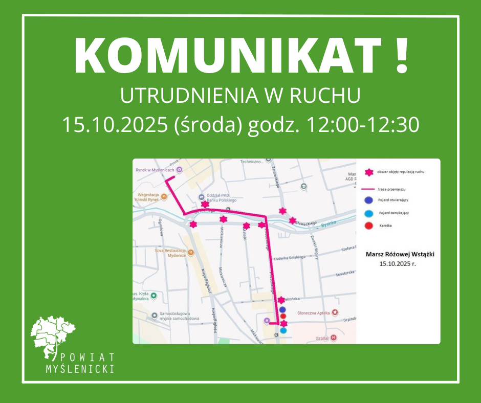 Grafika z zielonym tłem, białymi napisami, logo Powiatu Myślenickiego oraz mapą.