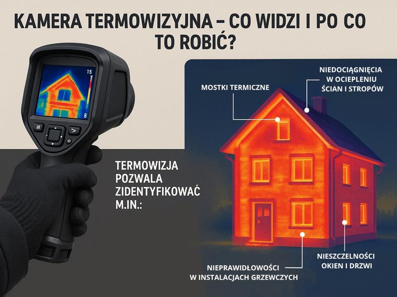Grafika pokazuje kamerę termowizyjną i obraz domu z zaznaczonymi mostkami cieplnymi, nieszczelnościami i błędami w ociepleniu.