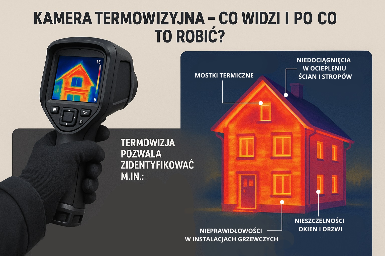 Grafika pokazuje kamerę termowizyjną i obraz domu z zaznaczonymi mostkami cieplnymi, nieszczelnościami i błędami w ociepleniu.