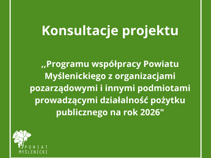Komunikat o konsultacjach ws programu współpracy na rok 2026 na zielonym tle.