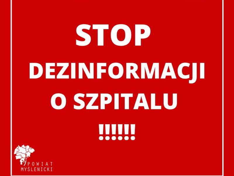 Komunikat w kolorze czerwonym, o treści "Stop dezinformacji o szpitalu!"
