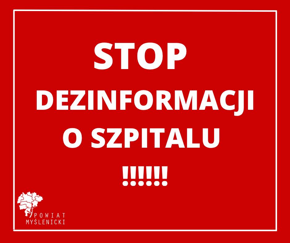 Komunikat w kolorze czerwonym, o treści "Stop dezinformacji o szpitalu!"