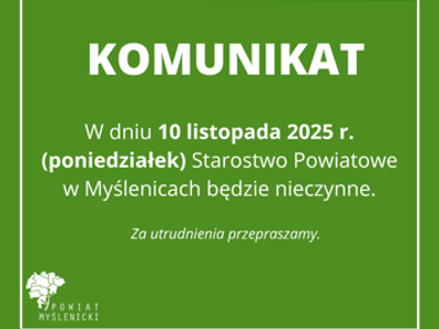 Grafika na zielonym tle z logo Powiatu Myślenickiego.