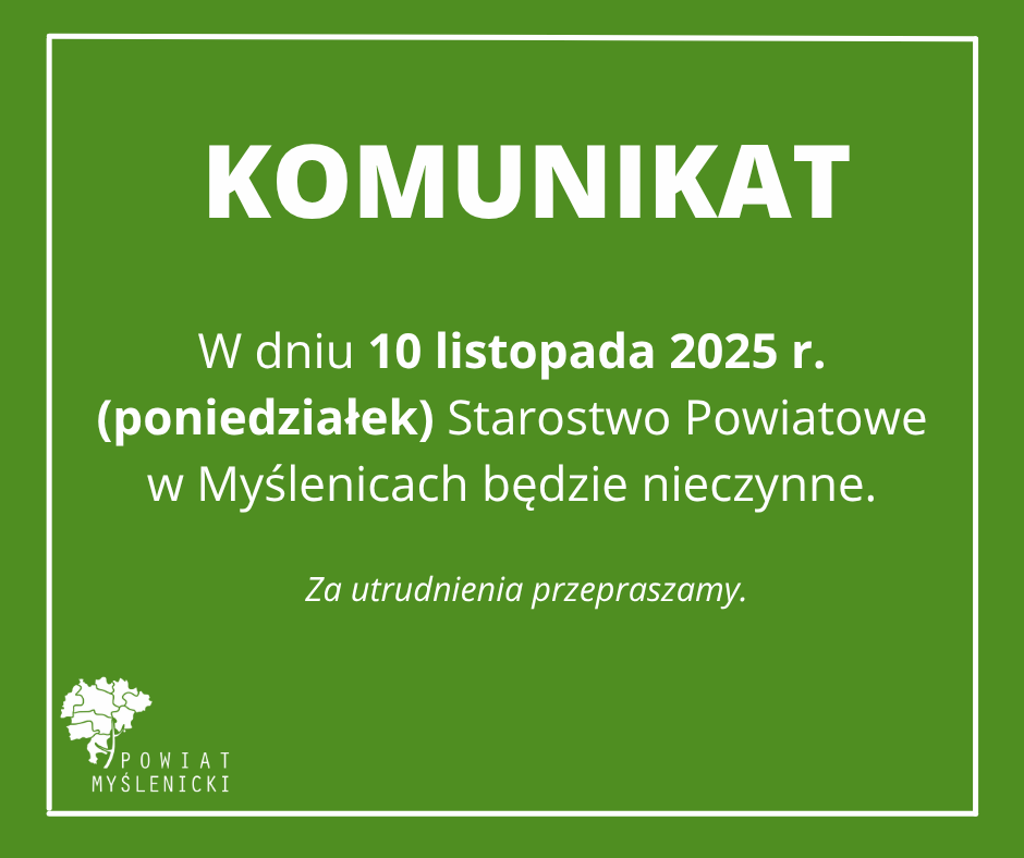 Grafika na zielonym tle z logo Powiatu Myślenickiego.