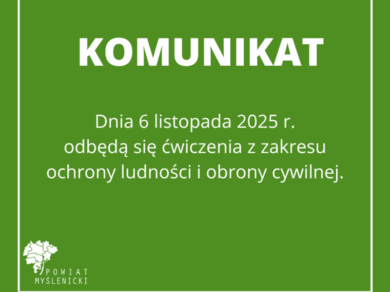 Grafika z zielonym tłem oraz logo Powiatu Myślenickiego.