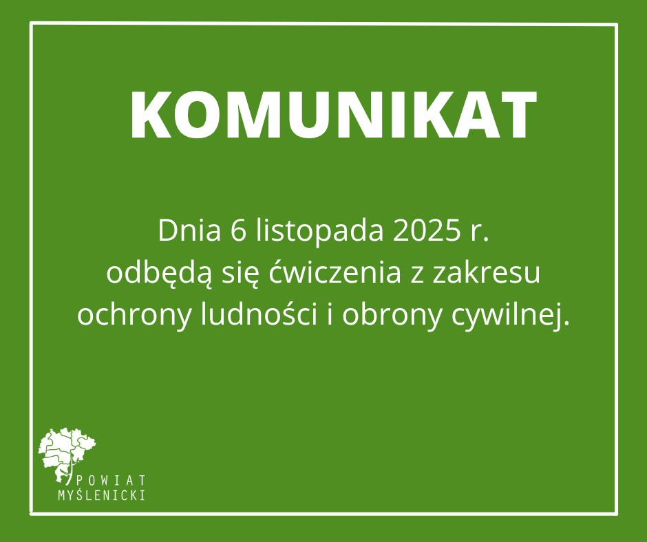 Grafika z zielonym tłem oraz logo Powiatu Myślenickiego.