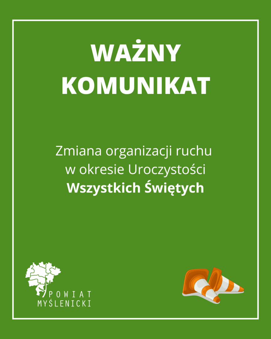 Grafika informacyjna z zielonym tłem, logo Powiatu Myślenickiego.