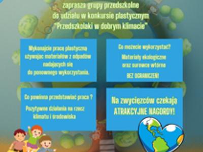 Kolorowy plakat promujący konkurs plastyczny „Przedszkolaki w dobrym klimacie II edycja” z informacjami o zasadach i nagrodach. Widoczne logotypy partnerów projektu.