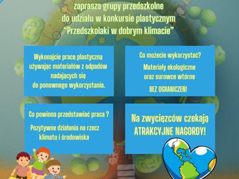 Kolorowy plakat promujący konkurs plastyczny „Przedszkolaki w dobrym klimacie II edycja” z informacjami o zasadach i nagrodach. Widoczne logotypy partnerów projektu.
