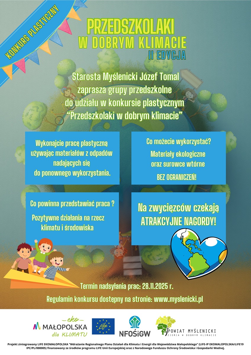 Kolorowy plakat promujący konkurs plastyczny „Przedszkolaki w dobrym klimacie II edycja” z informacjami o zasadach i nagrodach. Widoczne logotypy partnerów projektu.