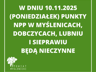 Grafika z zielonym tłem oraz logo Powiatu Myślenickiego.
