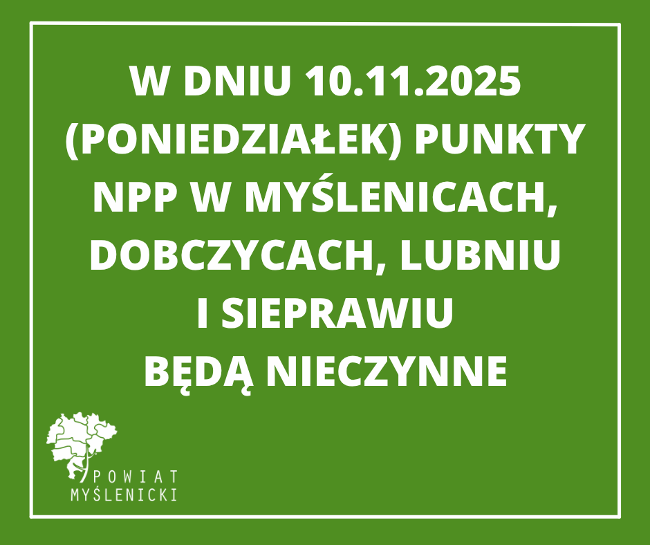 Grafika z zielonym tłem oraz logo Powiatu Myślenickiego.