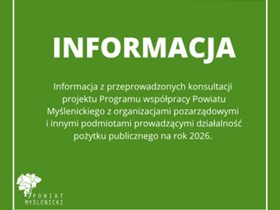 Zielony plakat informujący o konsultacjach Programu współpracy PM z organizacjami pozarządowymi na rok 2026.