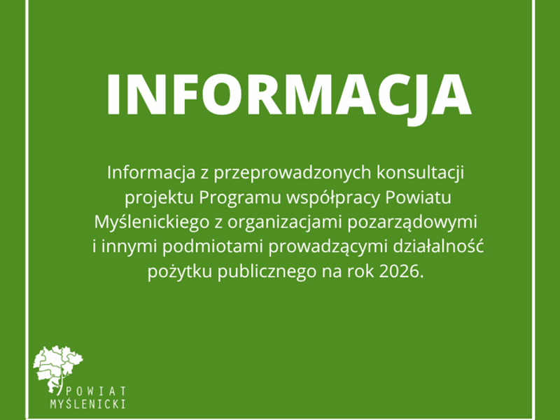 Zielony plakat informujący o konsultacjach Programu współpracy PM z organizacjami pozarządowymi na rok 2026.