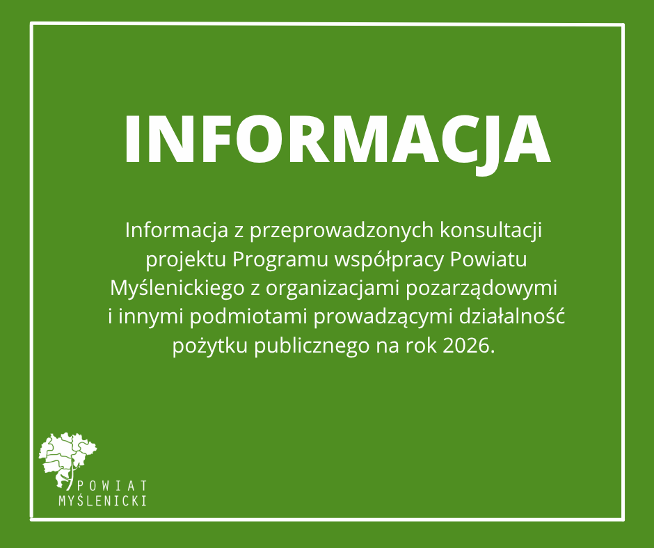 Zielony plakat informujący o konsultacjach Programu współpracy PM z organizacjami pozarządowymi na rok 2026.