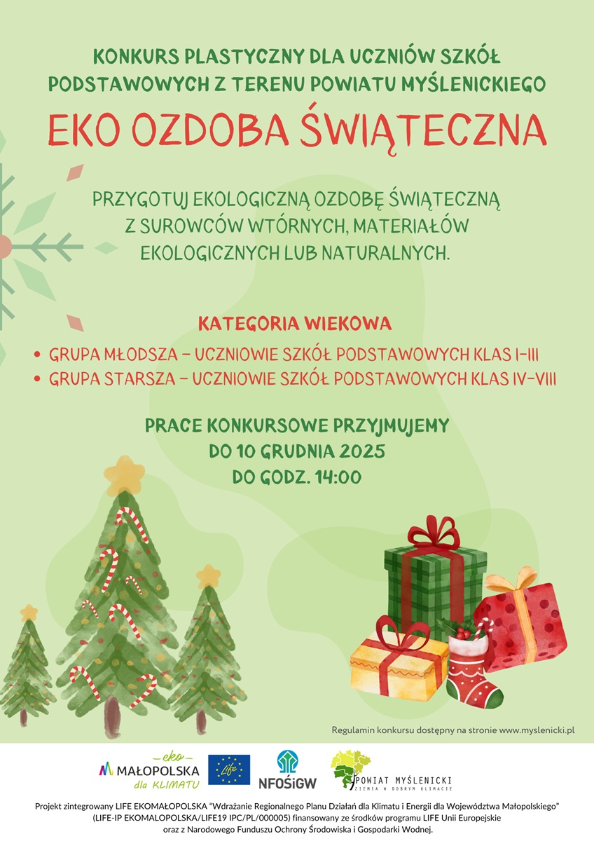 Plakat informujący o konkursie i jego zasadach z elementami graficznymi.
