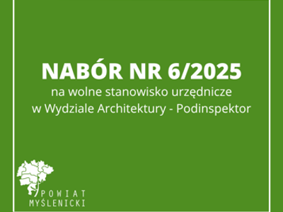 Grafika z zielonym tłem, białymi napisami oraz logo Powiatu Myślenickiego