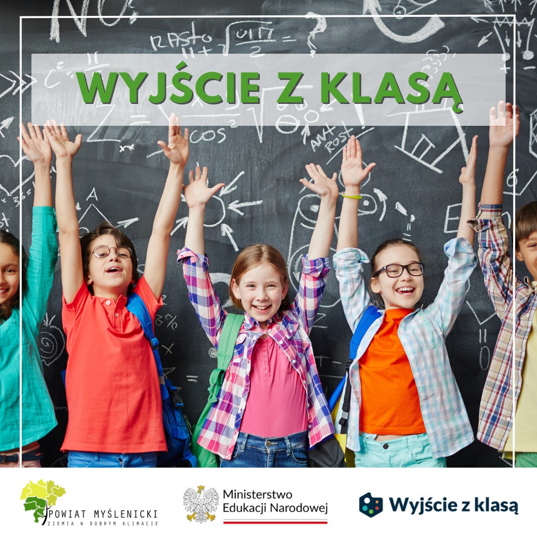 Na zdjęciu widoczne są dzieci oraz logotypy Powiatu Myślenickiego i Ministerstwa.