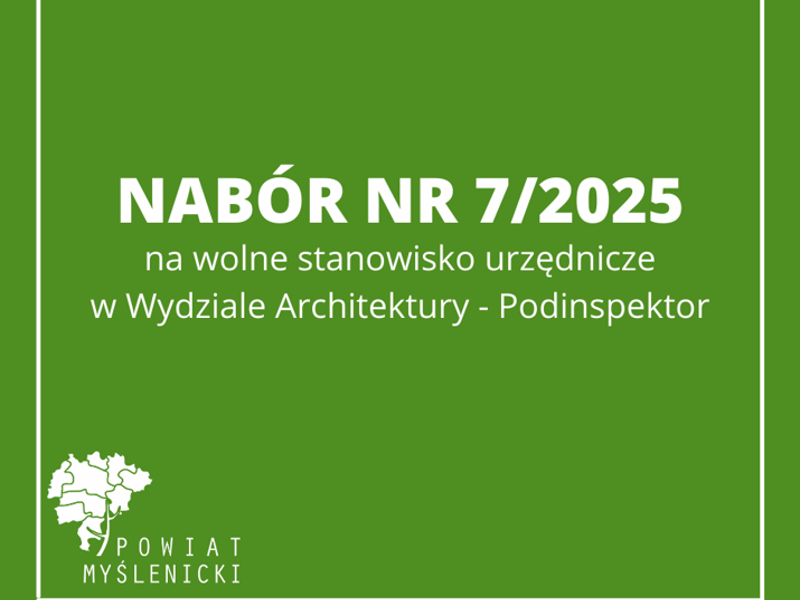 Grafika z zielonym tłem, białymi napisami oraz logo Powiatu Myślenickiego