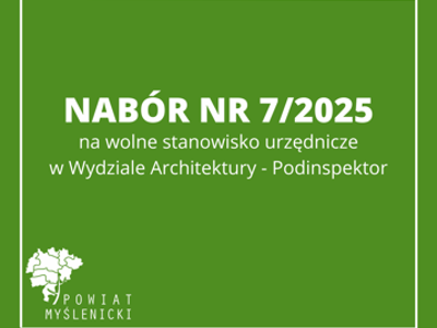 Grafika z zielonym tłem, białymi napisami oraz logo Powiatu Myślenickiego