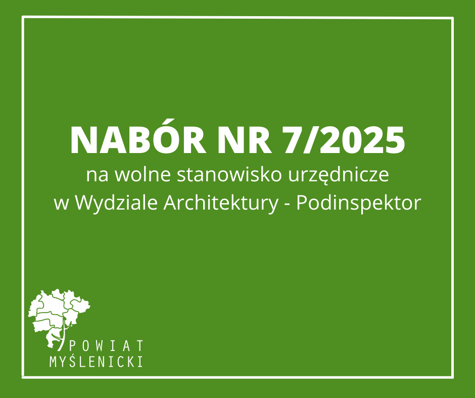Grafika z zielonym tłem, białymi napisami oraz logo Powiatu Myślenickiego