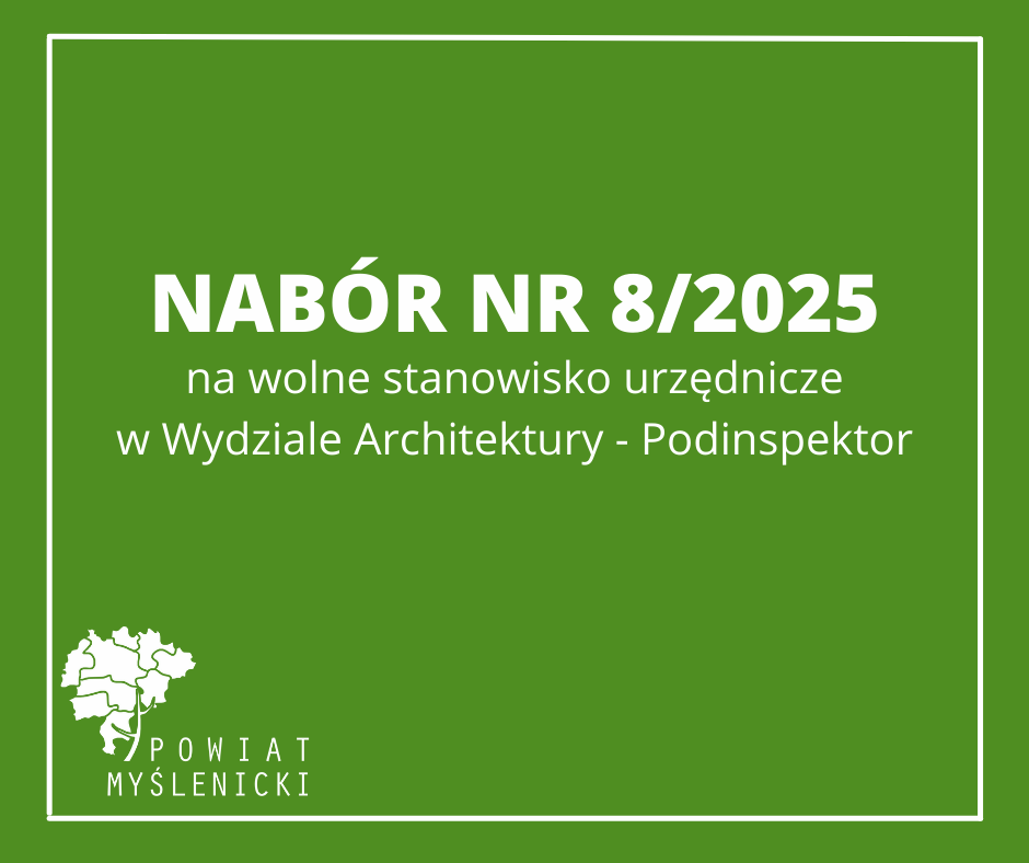 Grafika z zielonym tłem, białymi napisami oraz logo Powiatu Myślenickiego