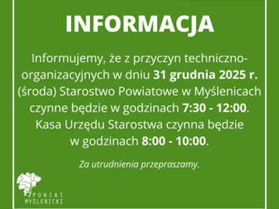 Grafika z zielonym tłem i białymi napisami oraz logotypem Powiatu Myślenickiego.