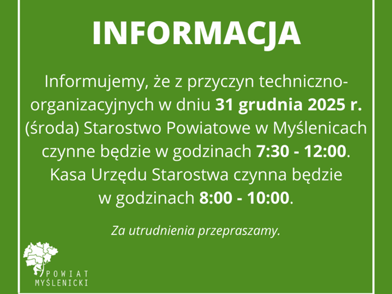 Grafika z zielonym tłem i białymi napisami oraz logotypem Powiatu Myślenickiego.
