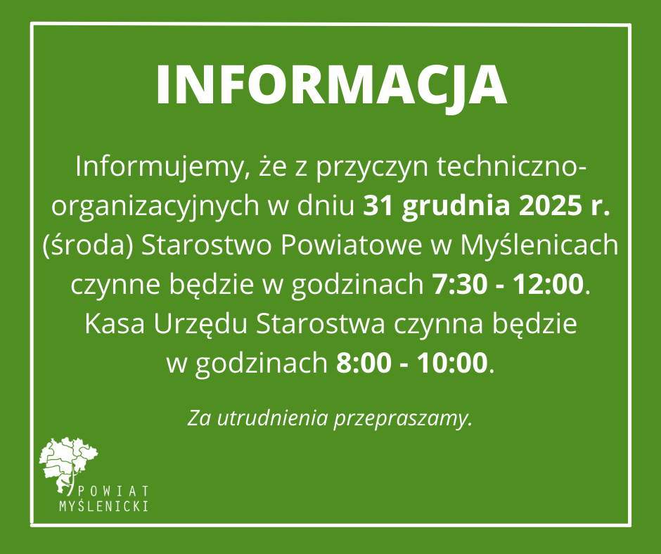 Grafika z zielonym tłem i białymi napisami oraz logotypem Powiatu Myślenickiego.