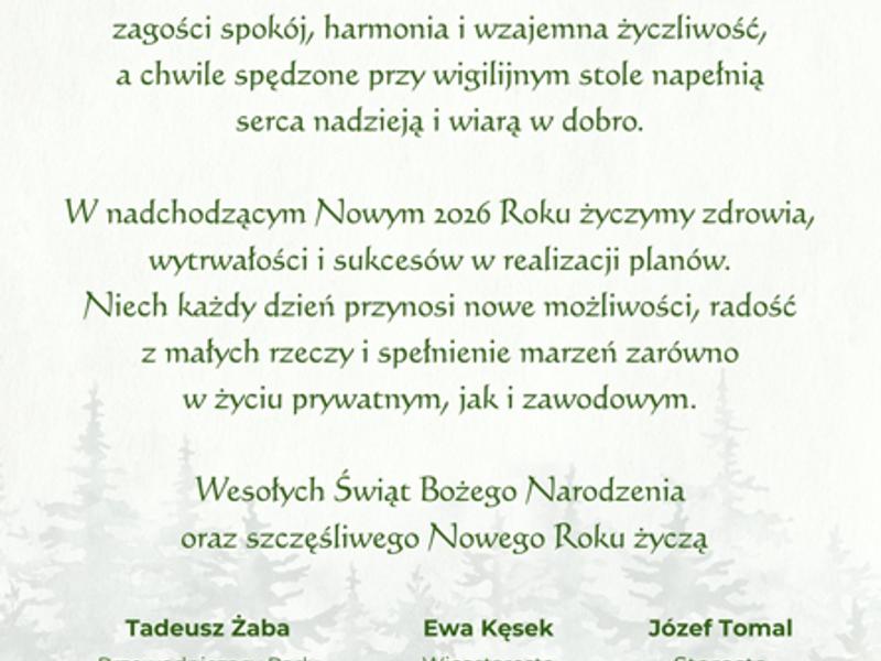 Grafika z życzeniami świątecznymi na jasnym, zielonym tle. Na grafice widoczne jest logo Powiatu Myślenickiego oraz ciemnozielona treść życzeń
