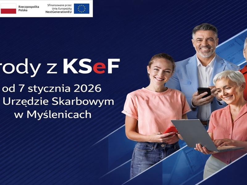 Grafika na granatowym tle z logotypem KPO oraz flagami RP i UE; po prawej zdjęcia dwóch kobiet i dwóch mężczyzn.