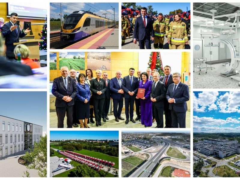 Grafika przedstawia inwestycje prowadzone w województwie małopolskim, oraz Marszałka Województwa Małopolskiego Łukasza Smółkę