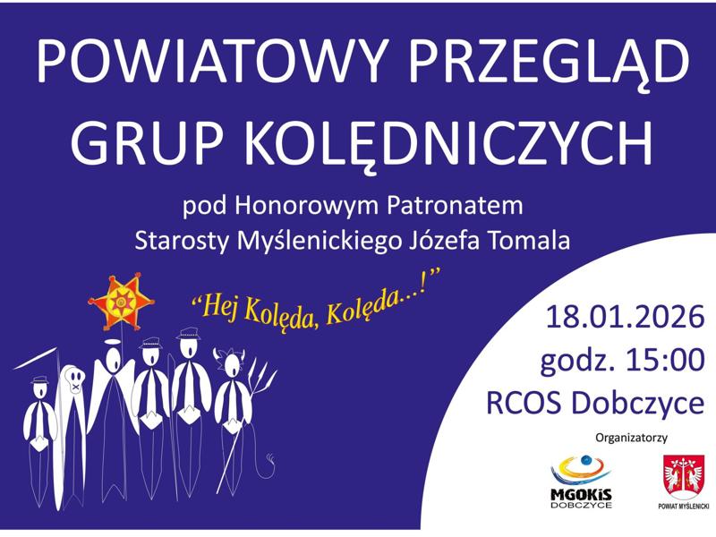 Biało-granatowa grafika z rysunkowymi postaciami kolędników. W prawym dolnym rogu znajdują się logotypy organizatorów.