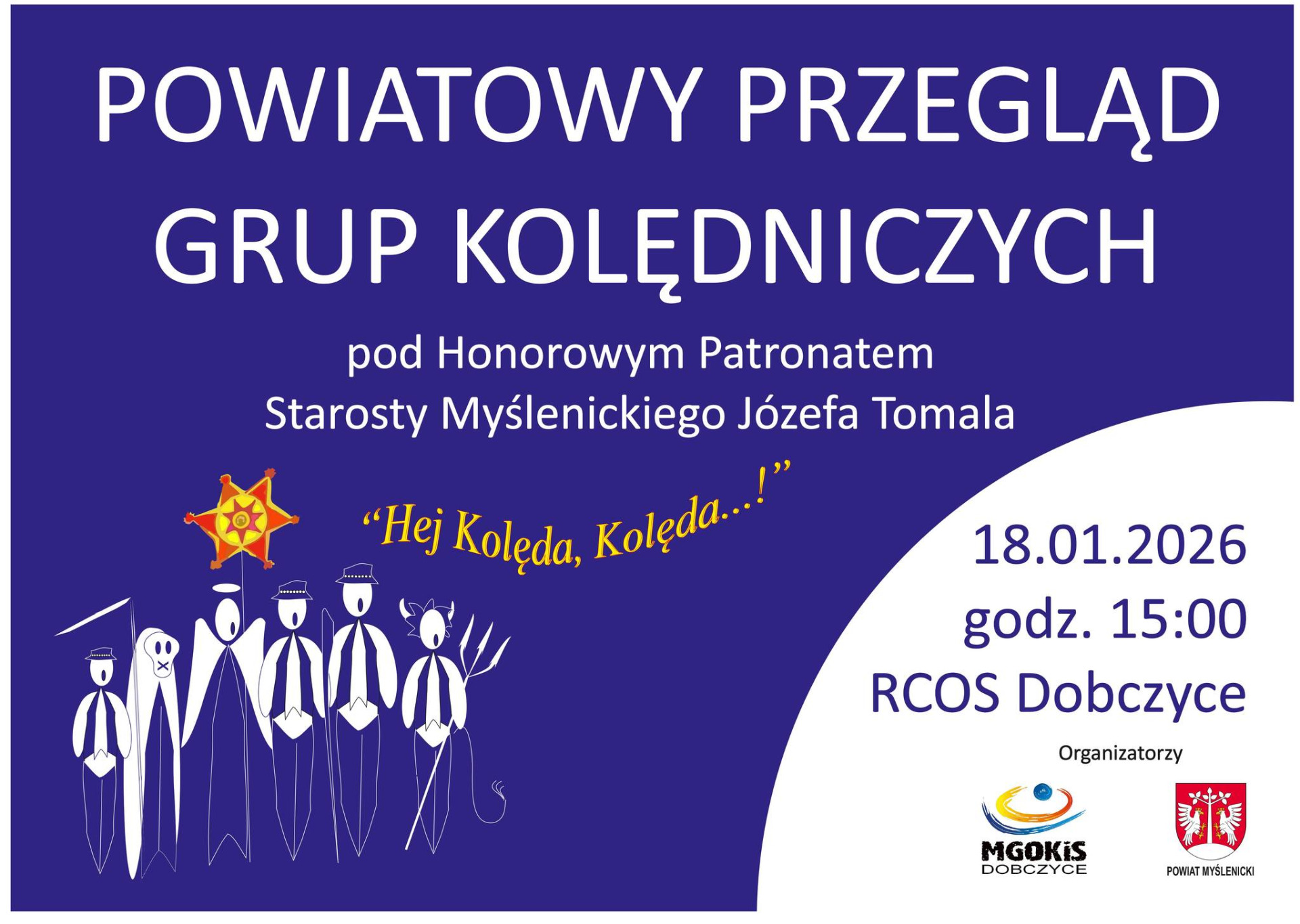 Biało-granatowa grafika z rysunkowymi postaciami kolędników. W prawym dolnym rogu znajdują się logotypy organizatorów.