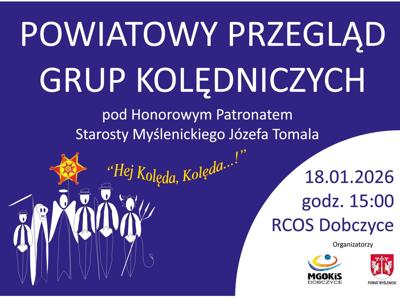 Biało-granatowa grafika z rysunkowymi postaciami kolędników. W prawym dolnym rogu znajdują się logotypy organizatorów.